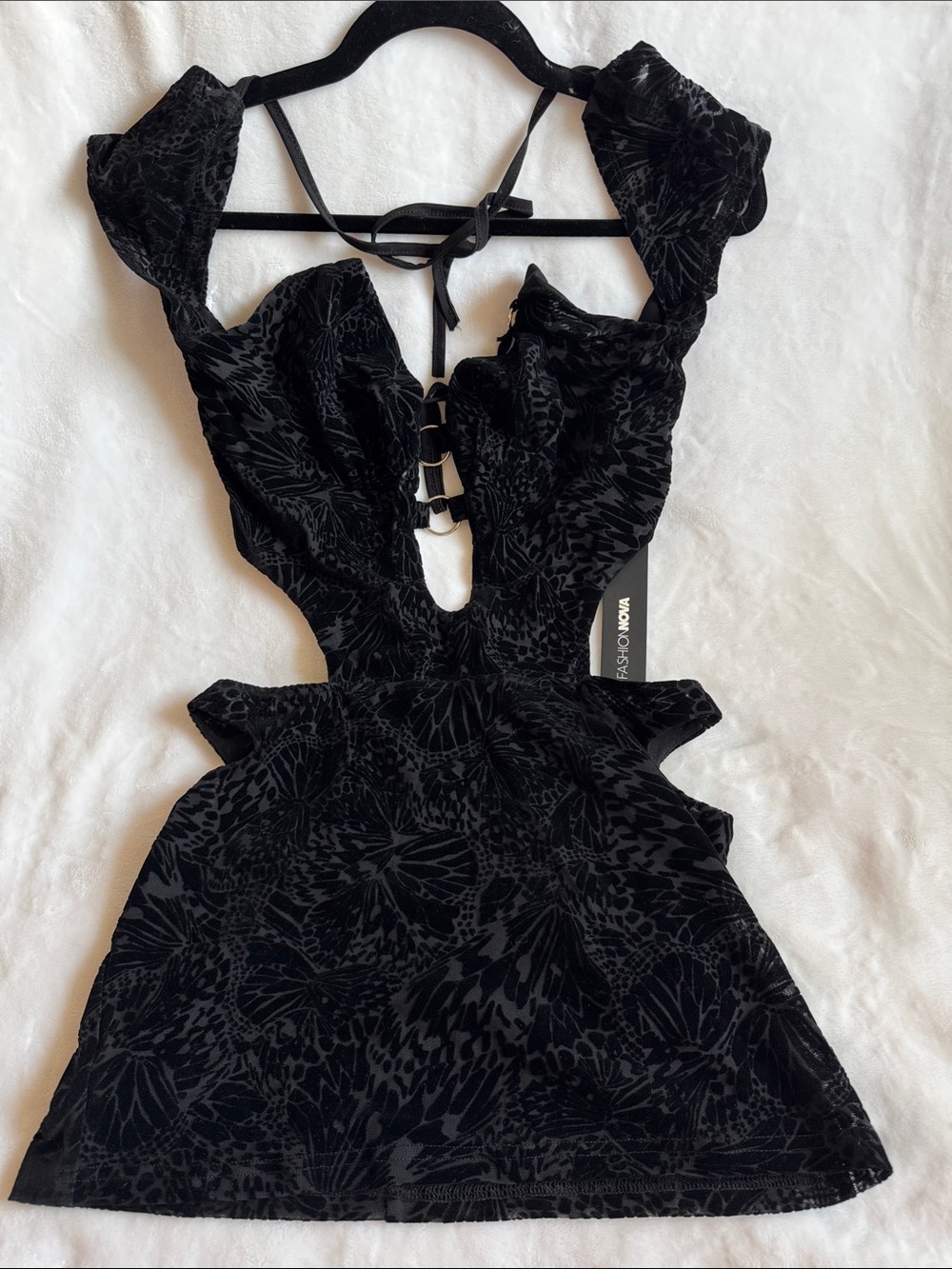Fashion Nova Black Velvet Burnout Cutout Mini Dress with Puff Sleeves